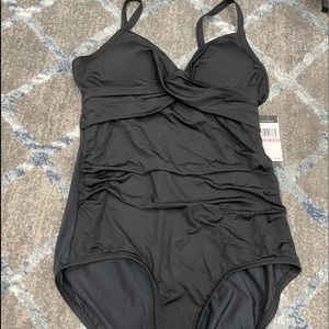 JANTZEN Swimsuit Knot Front  One Piece Ruched Tummy Black Basic NWT 10